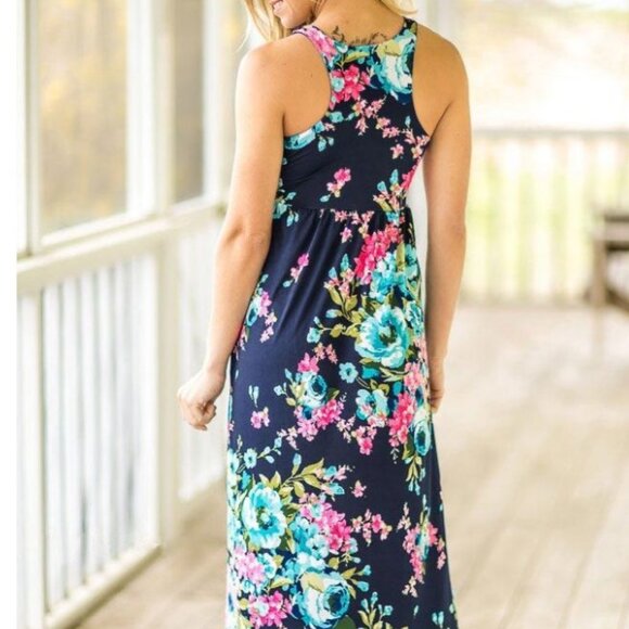 Wanna B Brand Women's Medium Bright Blue Floral Print Maxi Dress Pockets - Picture 3 of 7